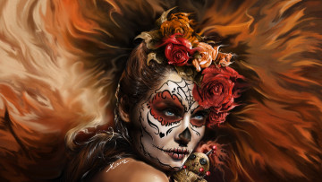 Картинка фэнтези девушки лицо цветы девушка взгляд день мертвых арт