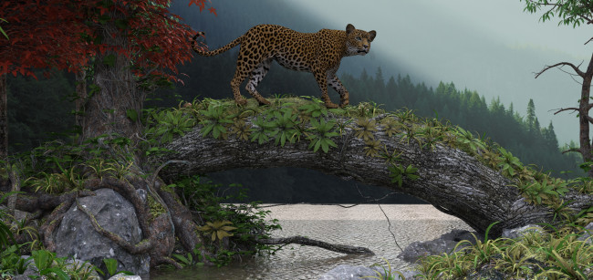 Обои картинки фото 3д графика, животные , animals, тигр, река, лес