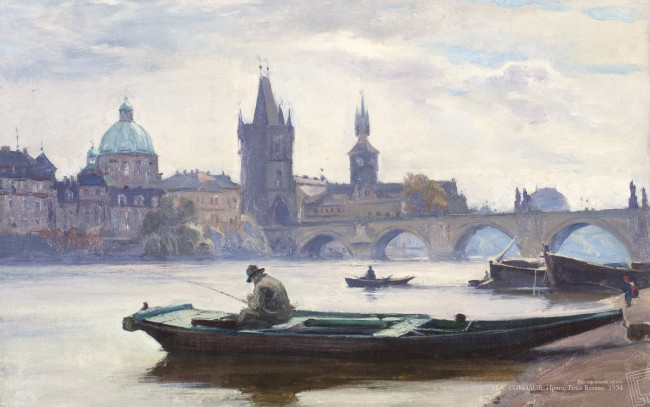 Обои картинки фото  соколов- прага,  река влтава, рисованное, живопись, город, мост, река, рыбак