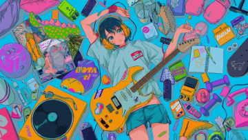обоя аниме, музыка, девочка, гитара, вещи