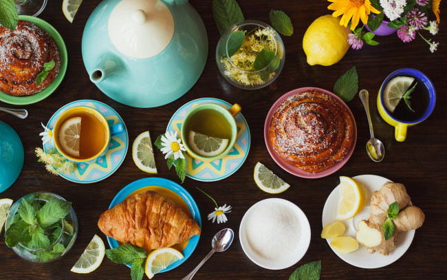 Обои картинки фото еда, напитки,  чай, сдобы, имбирь, чай, мята, лимон