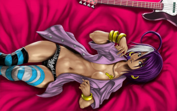 Картинка аниме headphones instrumental браслеты ключ леденец гитара лежит постель девушка