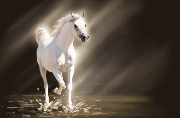 обоя рисованные, животные, лошади, лучи, свет, вода, брызги, белая, лошадь