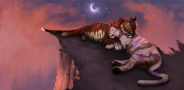 Картинка рисованные животные сказочные мифические луна звезды любовь тигр кошки небо романтика