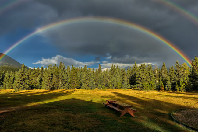Обои картинки фото природа, радуга, горы, лужайка, лес