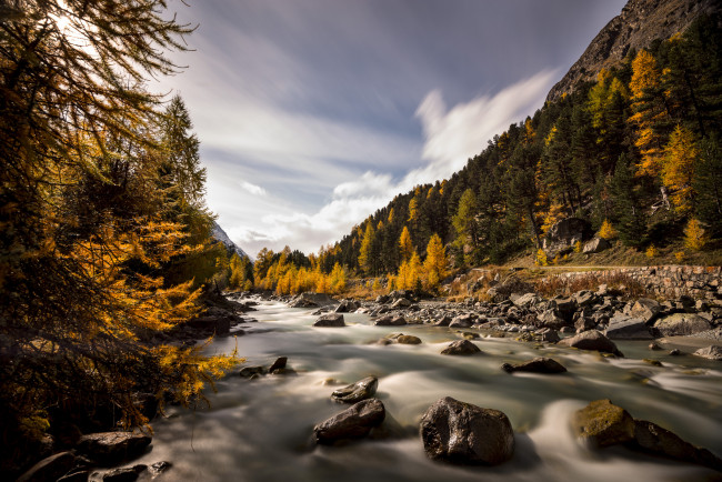 Обои картинки фото природа, реки, озера, val, roseg, near, pontresina, долина, валь-розег, осень, швейцария, switzerland