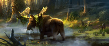 Картинка рисованное животные +лоси деревья рога art лось лес болота