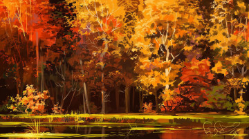 Картинка рисованное природа арт озеро осень деревья лес