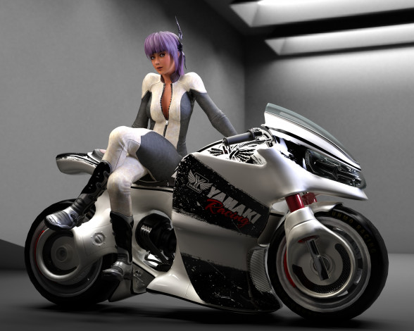 Обои картинки фото мотоциклы, 3d, мотоцикл, фон, девушка, взгляд