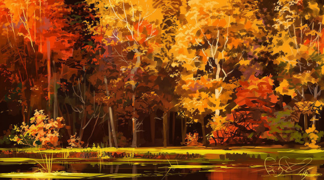 Обои картинки фото рисованное, природа, арт, озеро, осень, деревья, лес