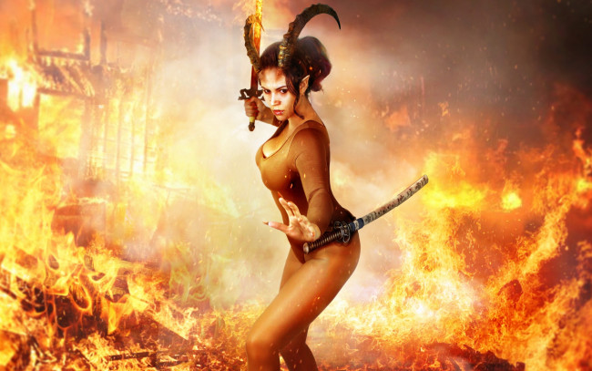 Обои картинки фото фэнтези, демоны, девушка, фото, арт, demoness, horns, pose, демон, fire, меч, огонь, рога