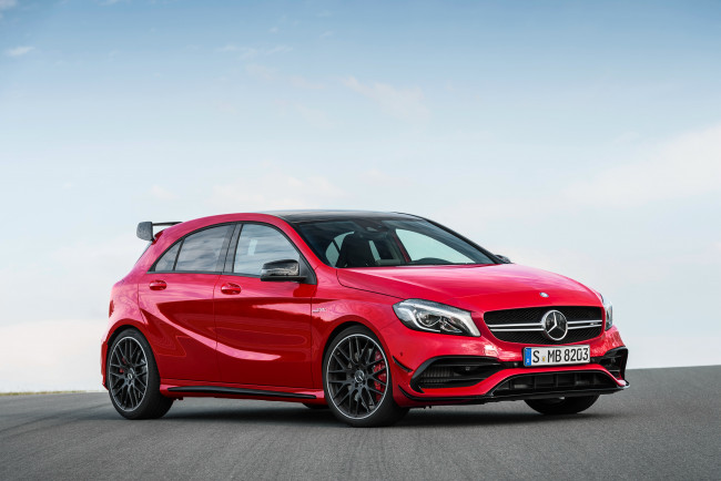 Обои картинки фото автомобили, mercedes-benz, красный, 2015г, a, 45, 4matic, w176, mercedes-amg