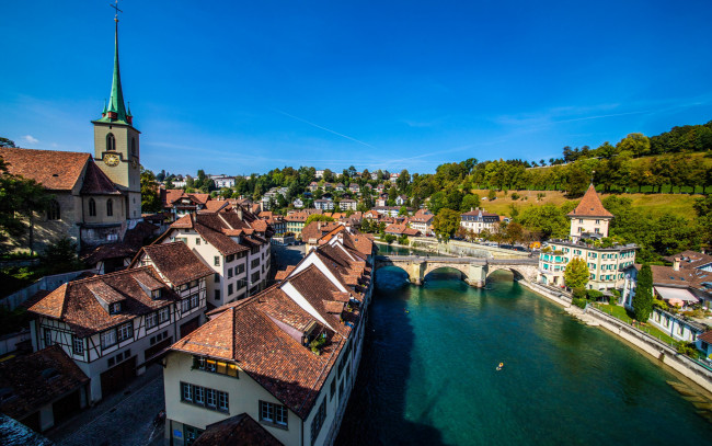 Обои картинки фото города, берн , швейцария, река, мост, панорама