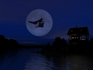 Картинка 3д графика holidays праздники ночь луна ведьма вода дом