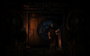 Картинка 3д графика fantasy фантазия тёмный меч человек цепь маска