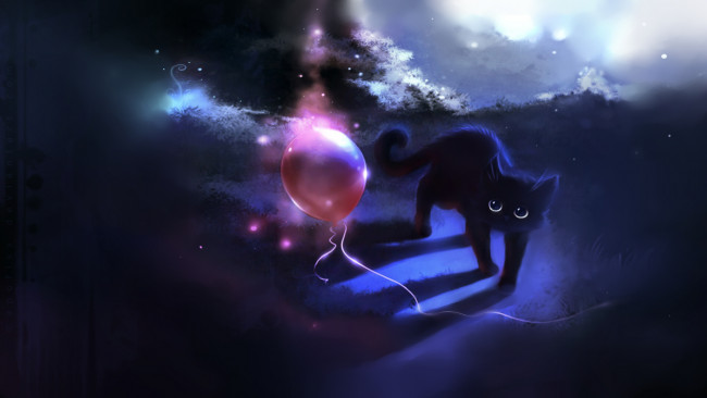 Обои картинки фото рисованные, животные, кошка, шар, воздушный, шарик