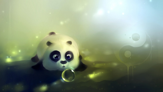 Обои картинки фото рисованные, животные, панда, инь-янь, лежит, шарик, пузырь, медведь