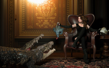 Картинка 3д+графика фантазия+ fantasy взгляд девушка крокодил
