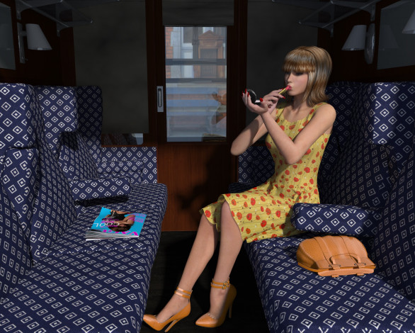 Обои картинки фото 3д графика, люди , people, девушка, взгляд, купе, поезд, помада