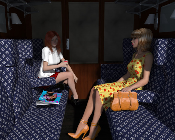 Обои картинки фото 3д графика, люди , people, поезд, купе, взгляд, девушки