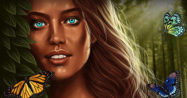 Обои картинки фото рисованные, люди, девушка, глаза, лес, лицо, красавица, бабочки