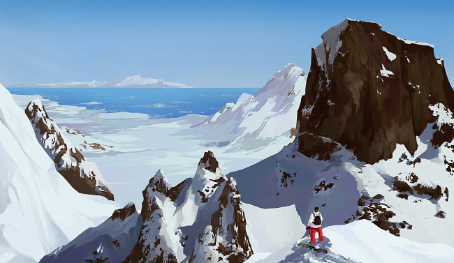 Обои картинки фото рисованные, живопись, море, солнечно, сноуборд, человек, снег, горы
