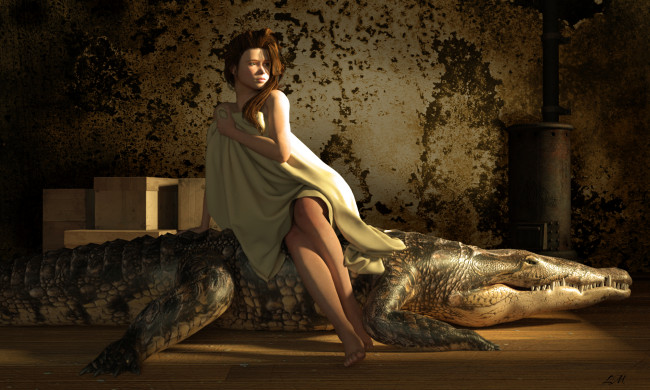 Обои картинки фото 3д графика, фантазия , fantasy, крокодил, взгляд, девушка
