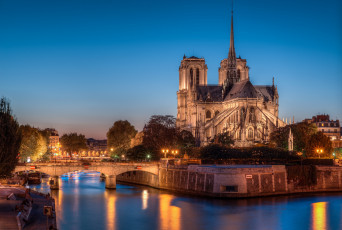 Картинка notre+dame+de+paris города париж+ франция ночь река мост огни