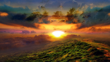 Картинка природа восходы закаты закат горы трава солнце тучи небо