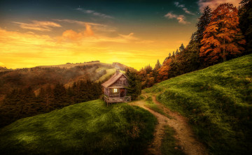 Картинка природа восходы закаты дом дорога пейзаж
