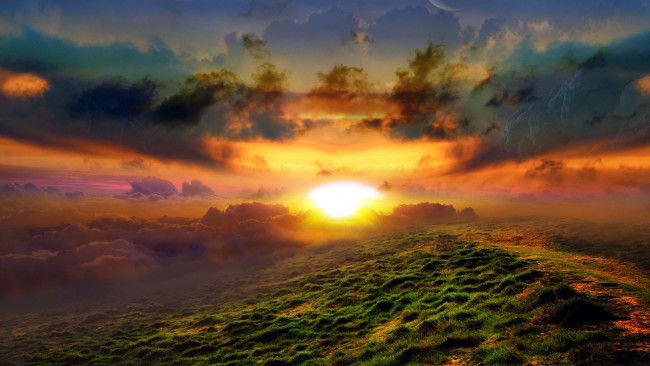 Обои картинки фото природа, восходы, закаты, закат, горы, трава, солнце, тучи, небо