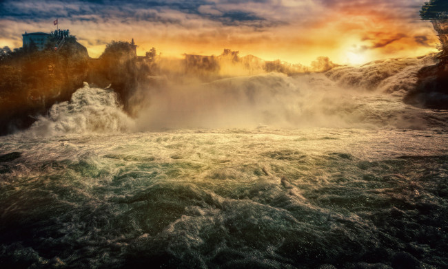 Обои картинки фото природа, восходы, закаты, река, закат, водопад, поток