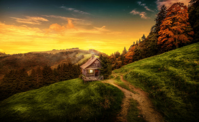 Обои картинки фото природа, восходы, закаты, дом, дорога, пейзаж