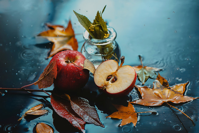 Обои картинки фото еда, Яблоки, осень, капли, листья, яблоки
