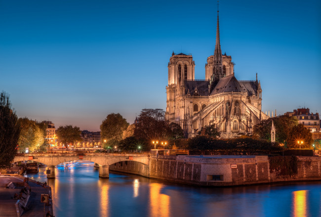 Обои картинки фото notre dame de paris, города, париж , франция, ночь, река, мост, огни
