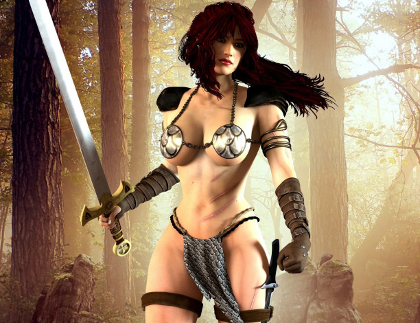 Обои картинки фото 3д графика, амазонки , amazon, фон, взгляд, девушка, меч, шрам, униформа