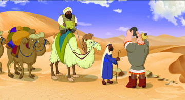 обоя мультфильмы, три богатыря и морской царь, мультфильм, пустыня, верблюд, богатырь