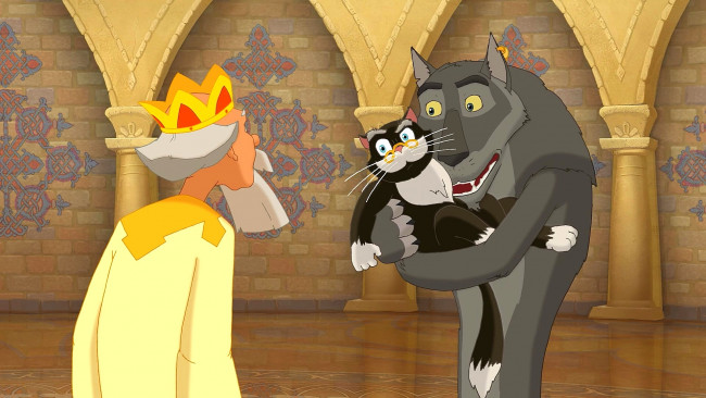 Обои картинки фото мультфильмы, иван царевич и серый волк 2, корона, волк, кот, очки, царь