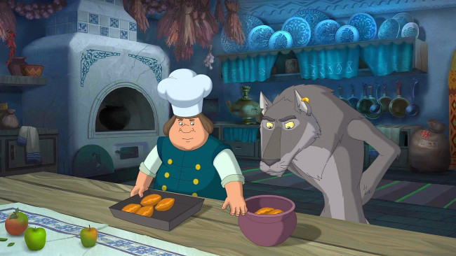 Обои картинки фото мультфильмы, иван царевич и серый волк 2, повар, волк, пирожок, печь, яблоко, посуда