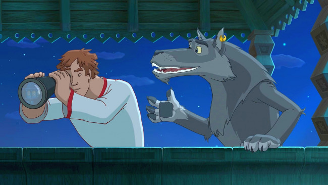 Обои картинки фото мультфильмы, иван царевич и серый волк 2, парень, волк, подзорная, труба