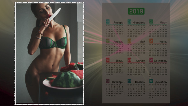 Обои картинки фото календари, девушки, нож, арбуз, женщина