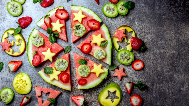 Обои картинки фото еда, фрукты,  ягоды, манго, арбуз, клубника