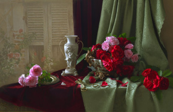 Картинка цветы розы алые розовые композиция