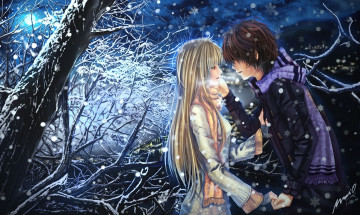 Картинка аниме merry chrismas winter девушка парень снег эмоции слезы шарф дерево луна ночь арт пара
