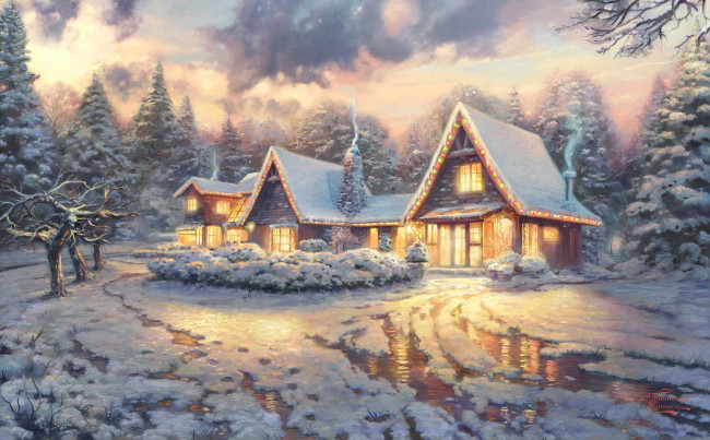 Обои картинки фото thomas, kinkade, рисованные, зима, пейзаж