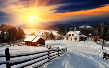 Картинка города -+пейзажи снег зима snow landscape забор деревня winter домики солнце