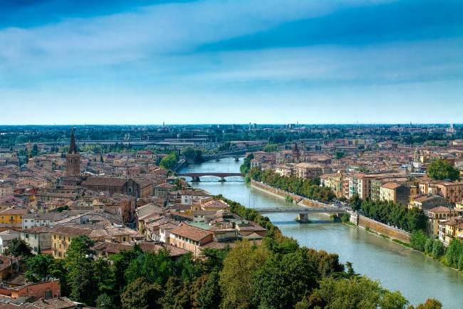 Обои картинки фото verona, города, верона , италия, панорама, дома, мосты, река