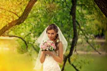Картинка девушки -unsort+ брюнетки +шатенки ива ветки невеста фата букет деревья