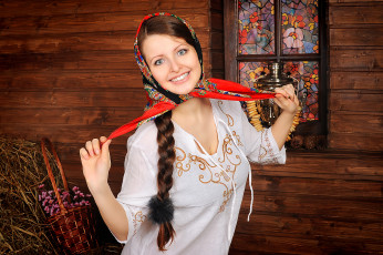 Картинка девушки -unsort+ брюнетки +шатенки витраж окно самовар блузка коса косынка изба цветы корзина сено улыбка