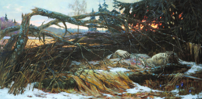 Обои картинки фото святой великомученик глеб - демаков евгений, рисованное, живопись, труп, деревья, человек, снег, ветки